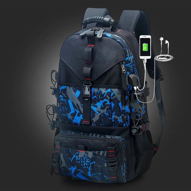 Men's large waterproof hiking backpack in Oxford cloth with multiple colour options including camouflage.
