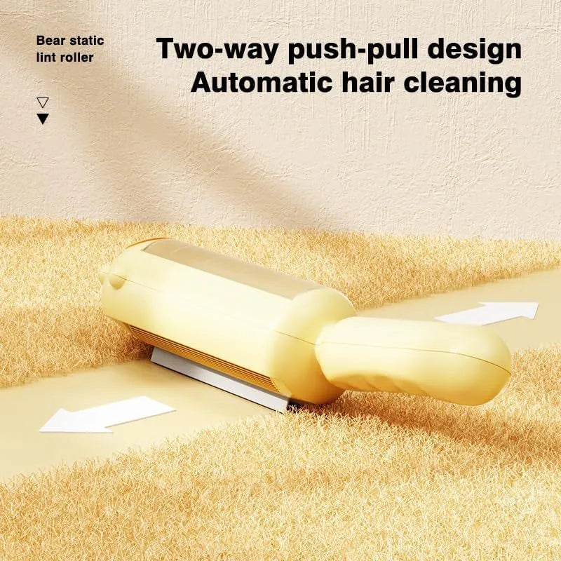 Blue pet hair remover tool with self-cleaning base on a sofa with dog fur