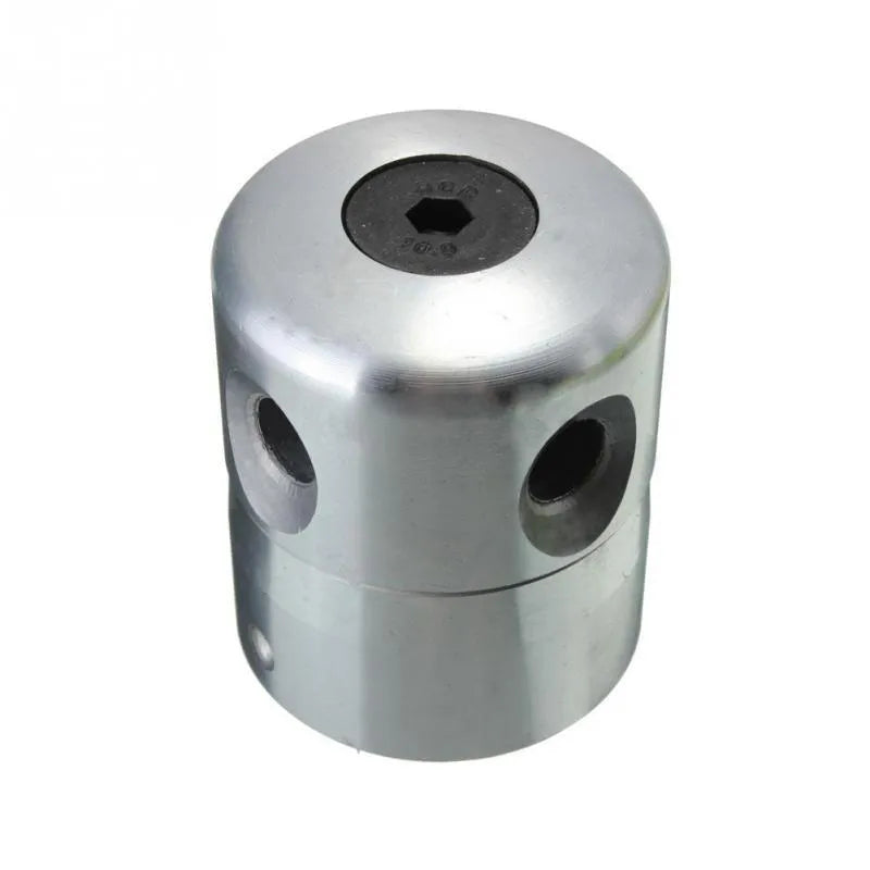 Silver aluminium lawn mower grass trimmer head with four light yellow square cords, wrench, and gasket