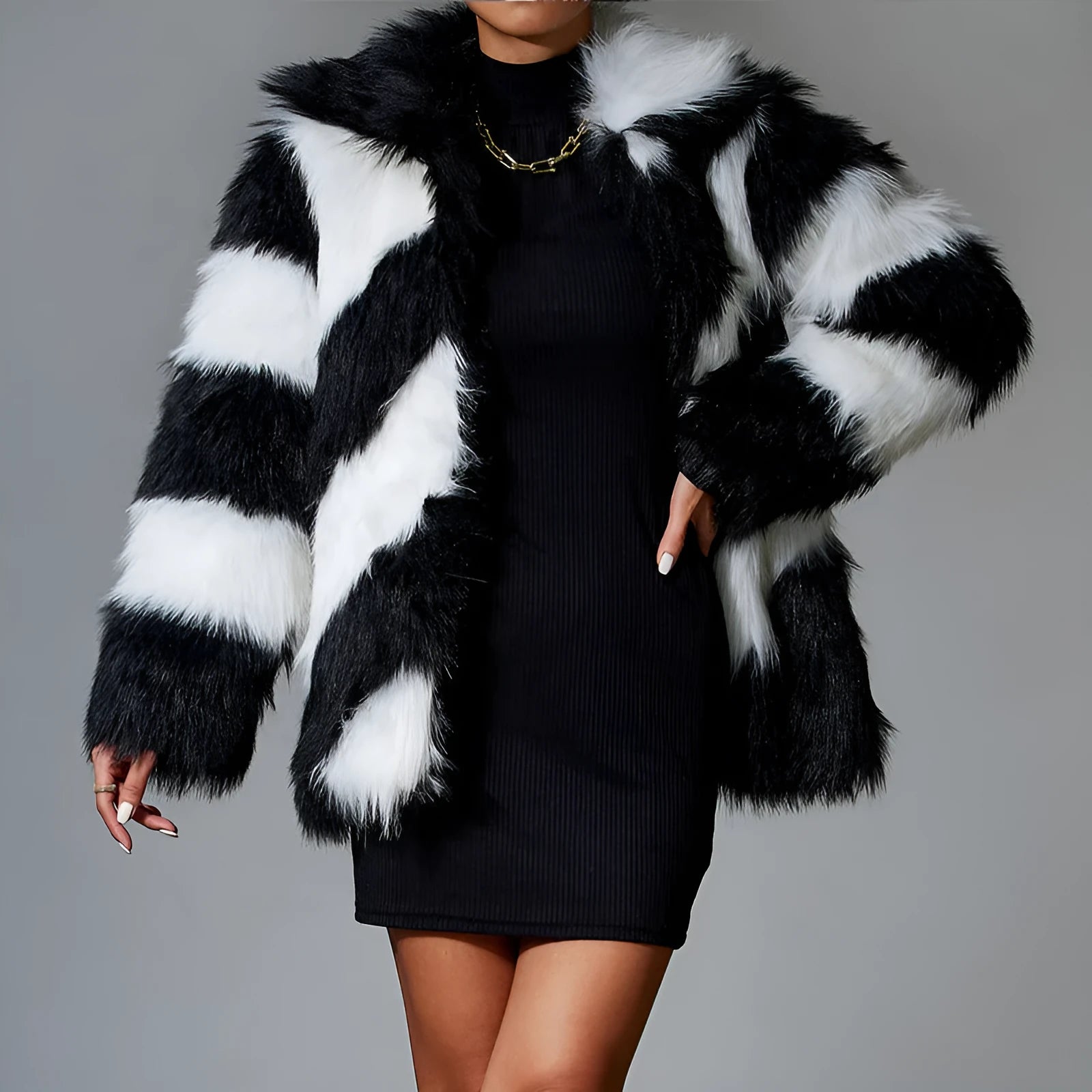 Faux fur coat with contrast lapels and fur collar in normal length