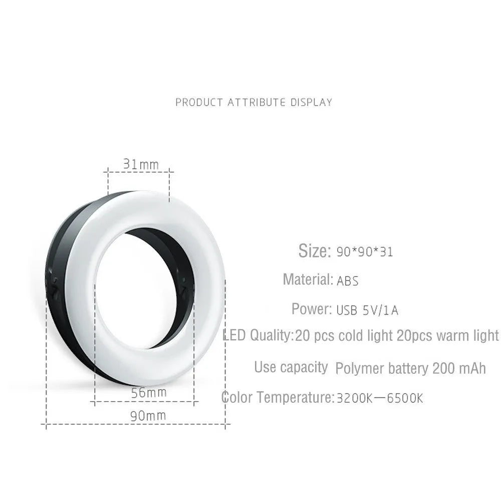 Compact black LED ring light for mobile phone photography with USB charging cable