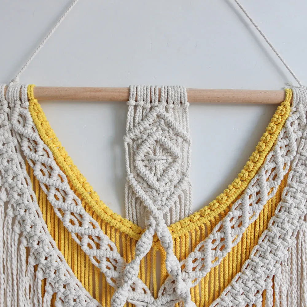 Nordic style hand-woven cotton wall tapestry rectangle 120cm x 95cm creamy white with yellow accents