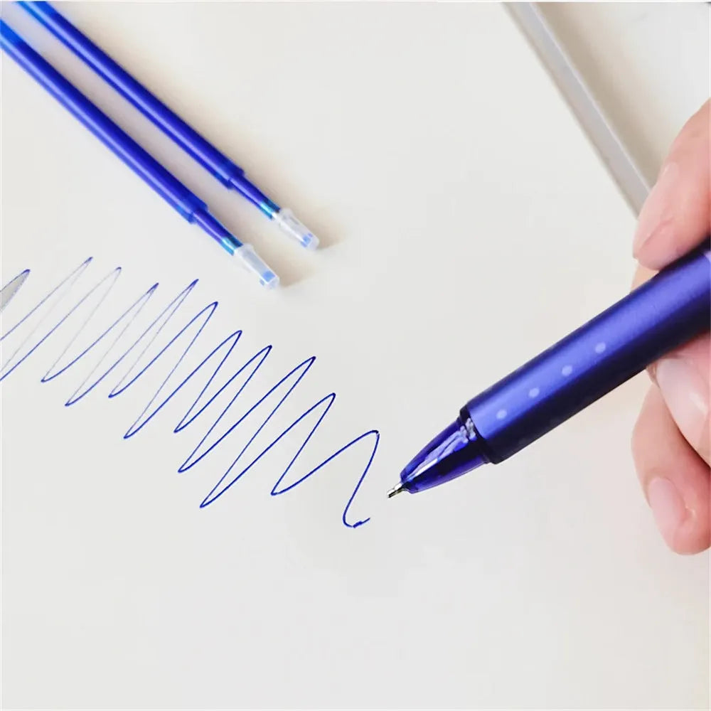 Hot erasable push gel pen with 0.5mm stainless steel nib and plastic shell in blue or black refill options