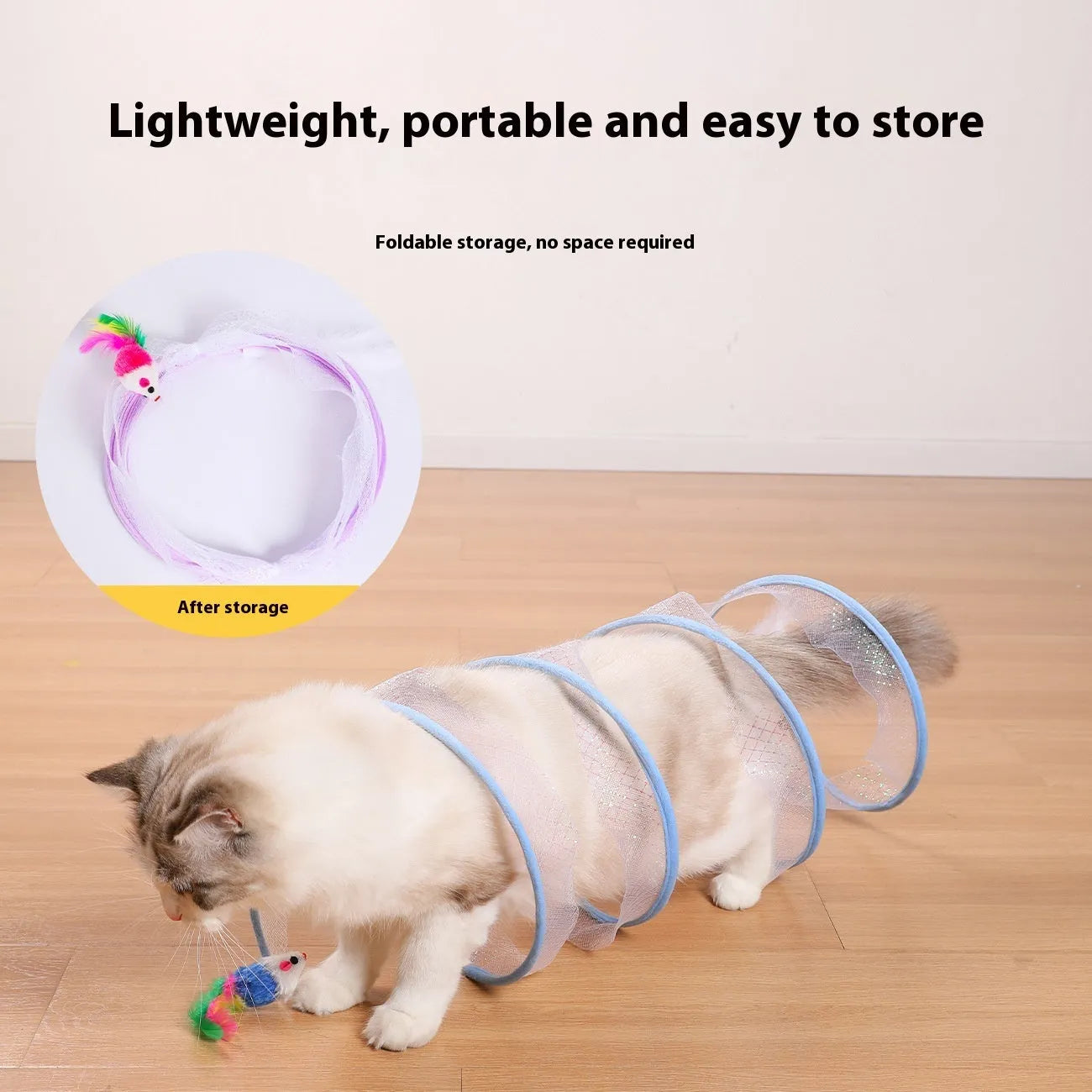 Pet cat tunnel made of steel wire and elastic net with feather attachment in mixed colour