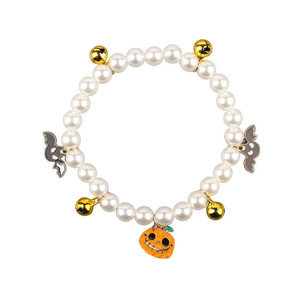Halloween cat collar decoration with simulated pearl beads in pumpkin designs
