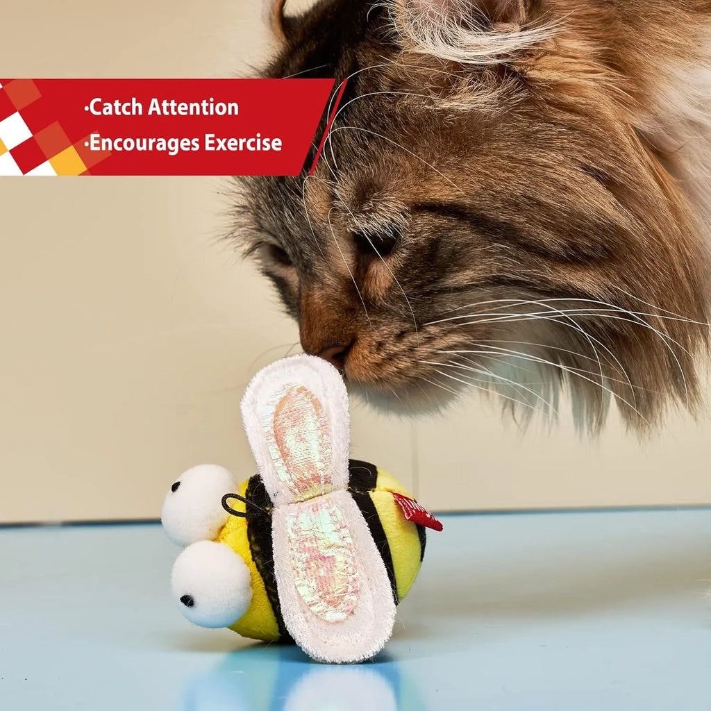 Yellow bee-shaped flannelette cat toy with motion-activated electronic squeak.