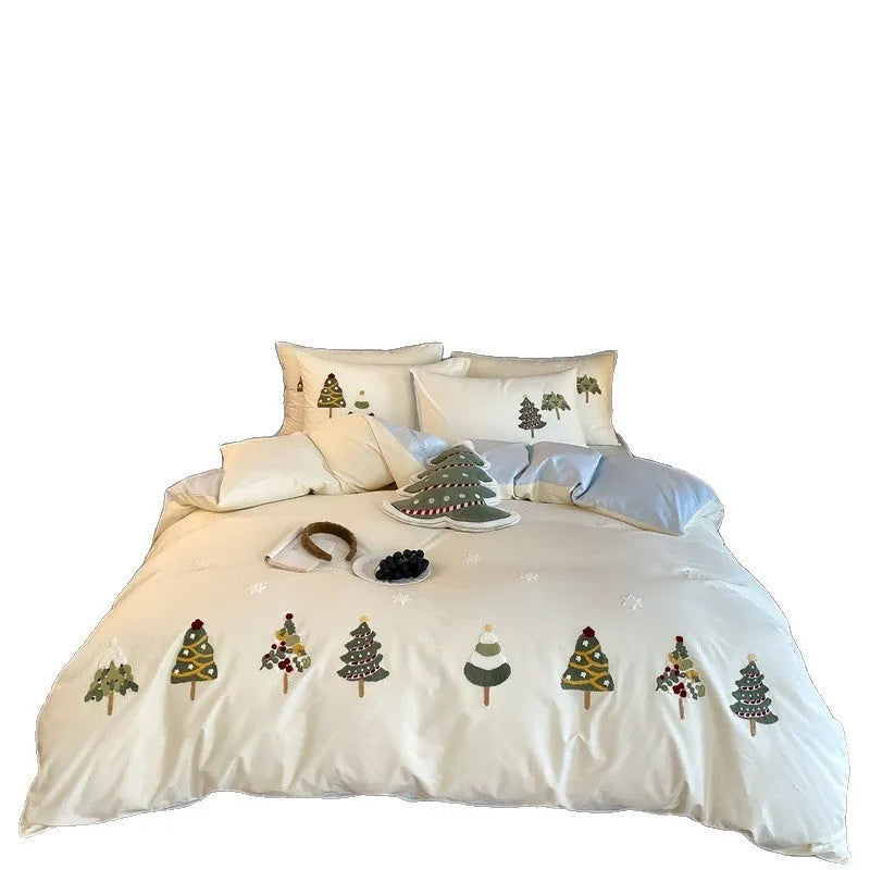 Pure cotton bedding set with embroidered Christmas tree pattern in cream blue or green, showing duvet cover, sheet, and pillowcases.