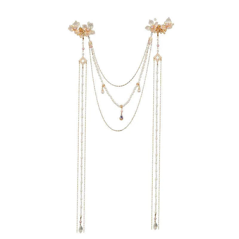 Women's gold grip hairpin with pearl, diamond flower and long tassel design