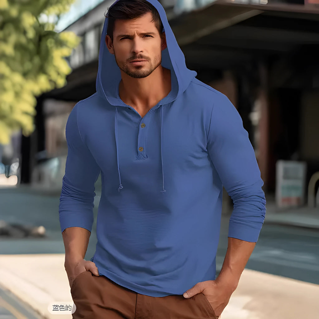 Cotton pullover hoodie top in one of six colours: dark blue, apricot, black, blue, white, or light green.