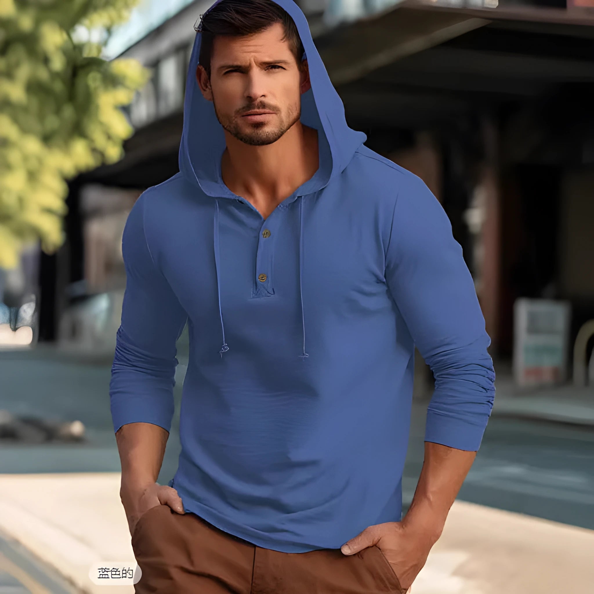 Cotton pullover hoodie top in one of six colours: dark blue, apricot, black, blue, white, or light green.