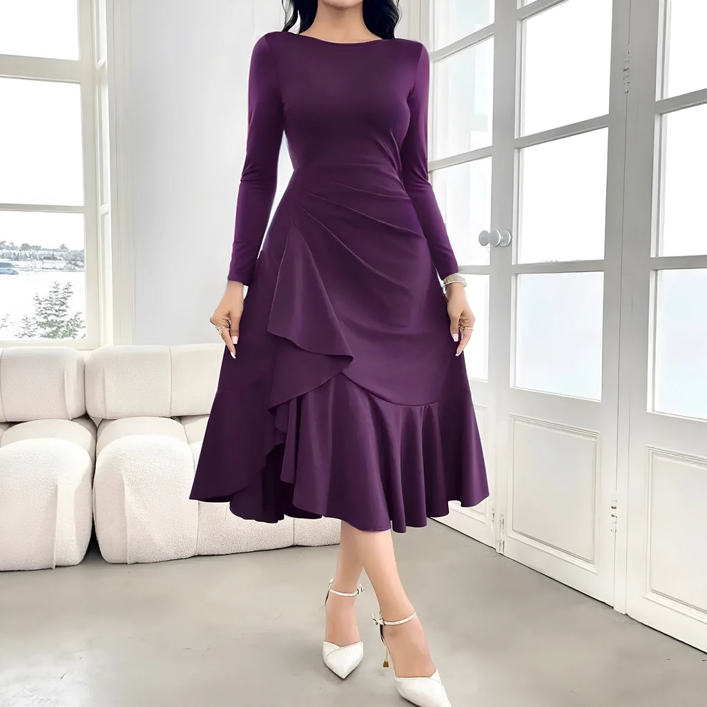 Purple women's long sleeve dress with ruffled detailing and round neck, mid waist cut