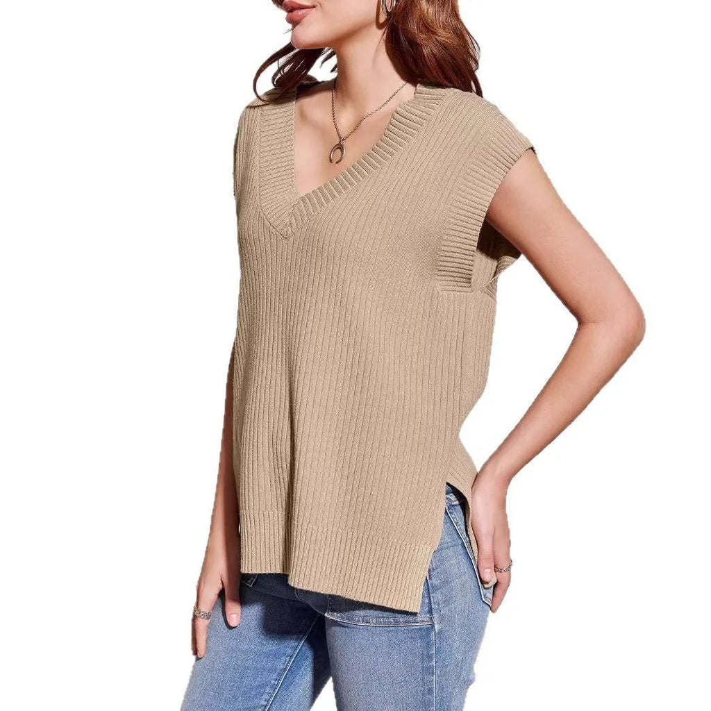 Women's V-neck sleeveless loose pullover vest in camel colour with stripe pattern