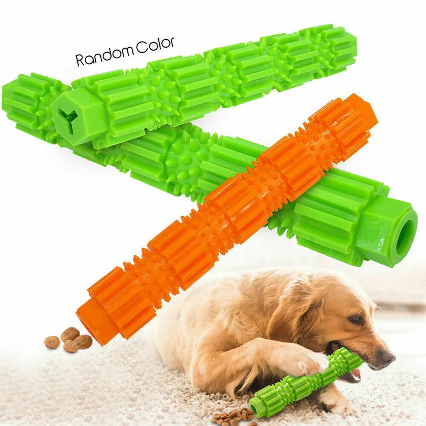Green and orange rubber dog chew toy with treat dispensing opening and textured surface for aggressive chewers