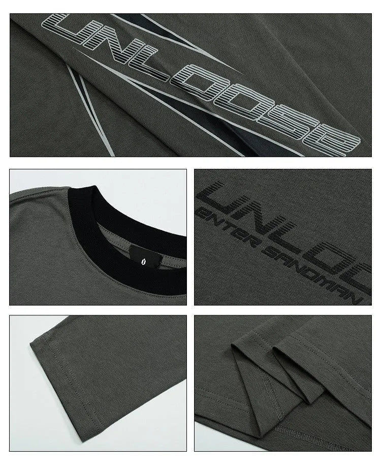 Grey khaki cotton pullover with drop shoulder sleeves and printed letter pattern