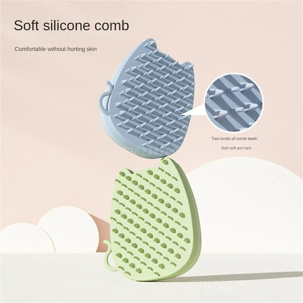 Brown silicone pet grooming comb with dual bristle design for cats and dogs on white background