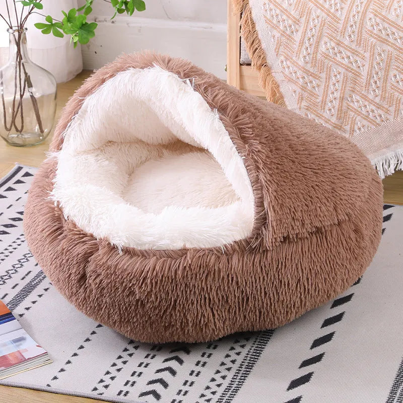 Waterproof semi-surrounded cloth dog kennel in champagne colour showing den-like structure