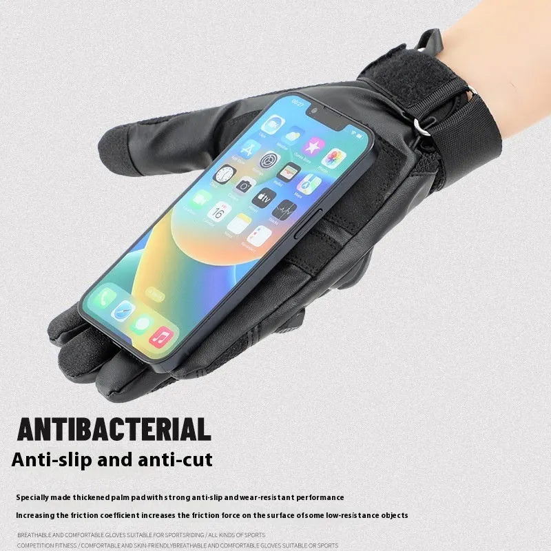Men's tactical training gloves in black with touchscreen fingertips and breathable fabric