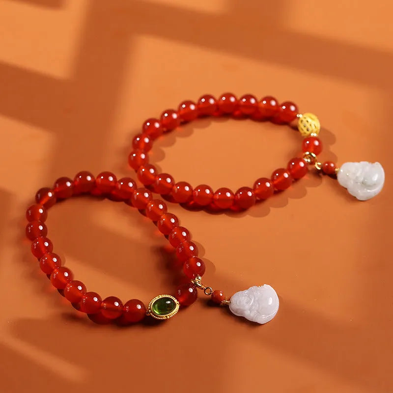 Natural agate bracelet with red agate beads and hanging jade Maitreya Buddha pendant in ancient gold tone