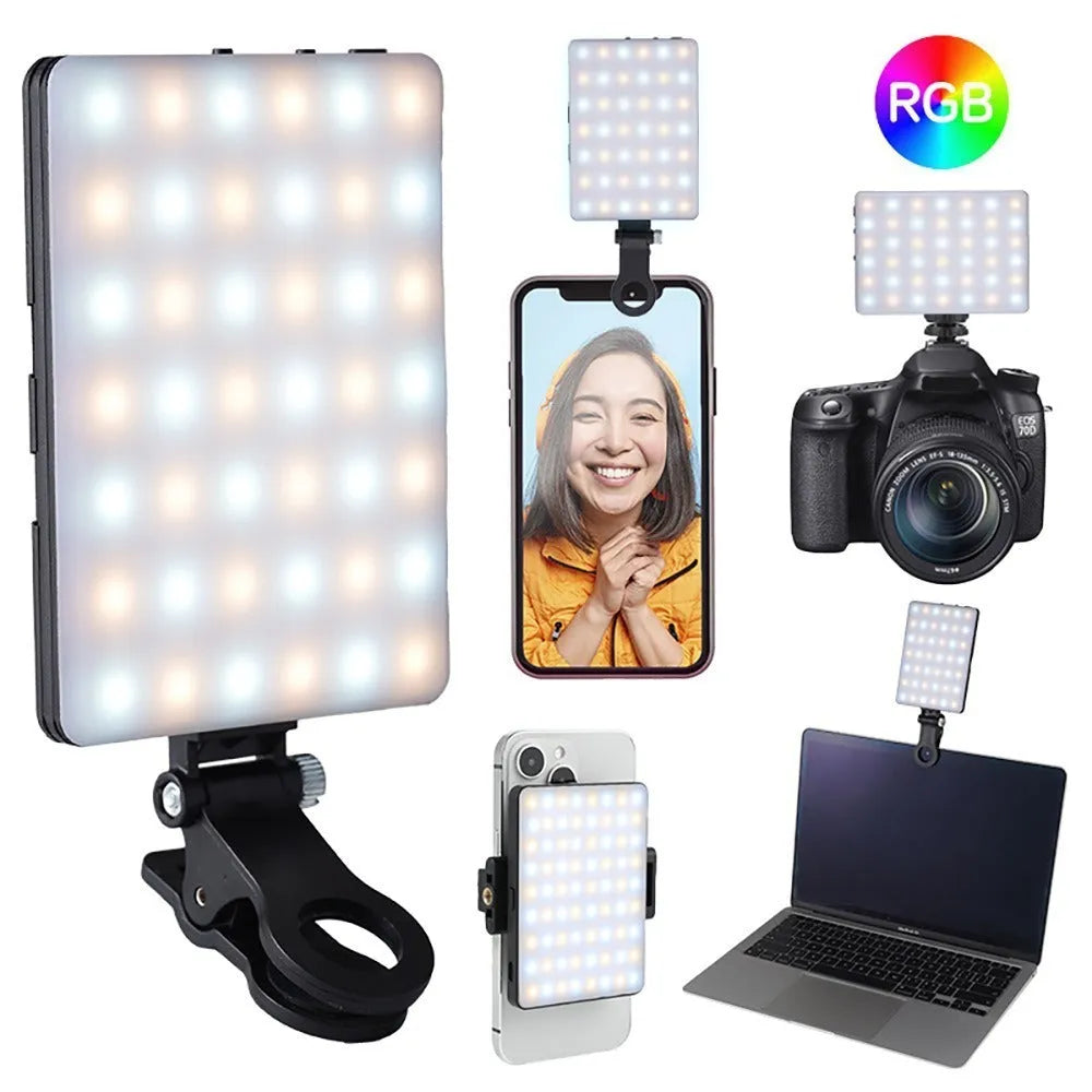 LED pocket fill light with clip for mobile phone, live broadcast and portable photography use, available in tricolor and RGB versions