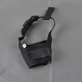 Adjustable plastic basket dog muzzle shown in multiple colours and sizes for biting and barking control.
