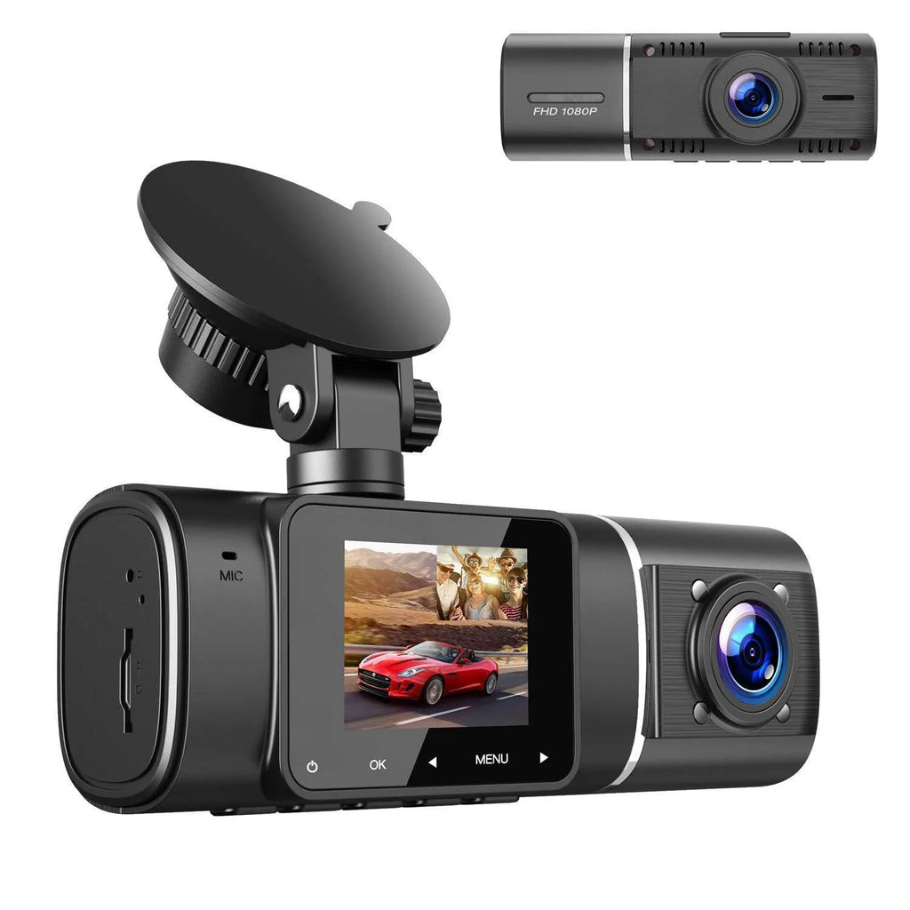 Standard black dual dash cam unit with 1.5-inch screen, shown with car charger and mounting stand.