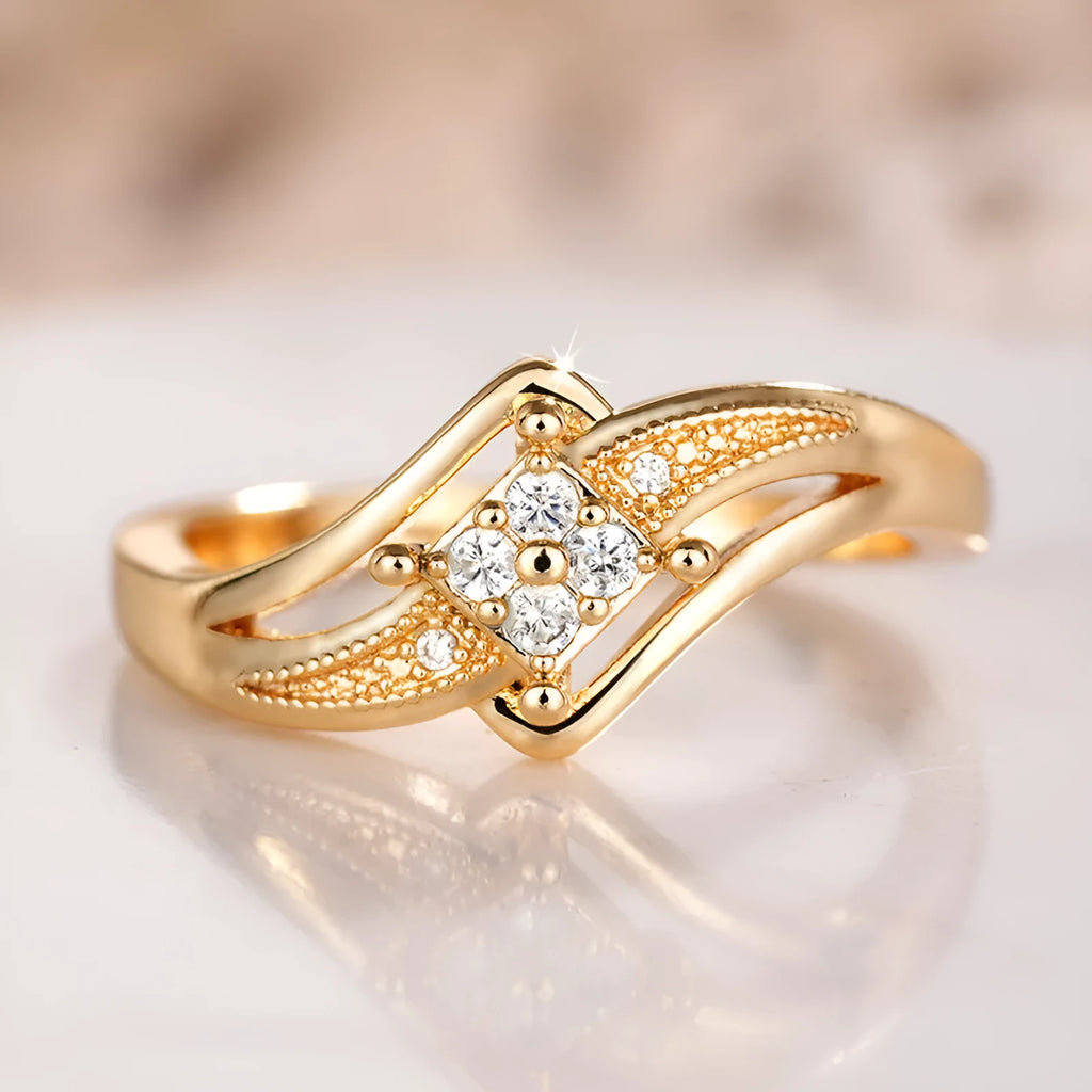 Women's copper ring with micro inlaid zircon stones, yellow gold colour, geometric diamond shape