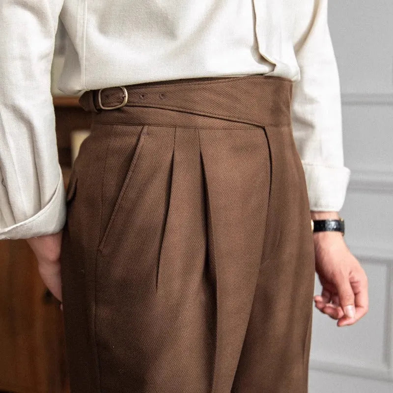 Men's high waist straight leg casual trousers in black, shown on a hanger.