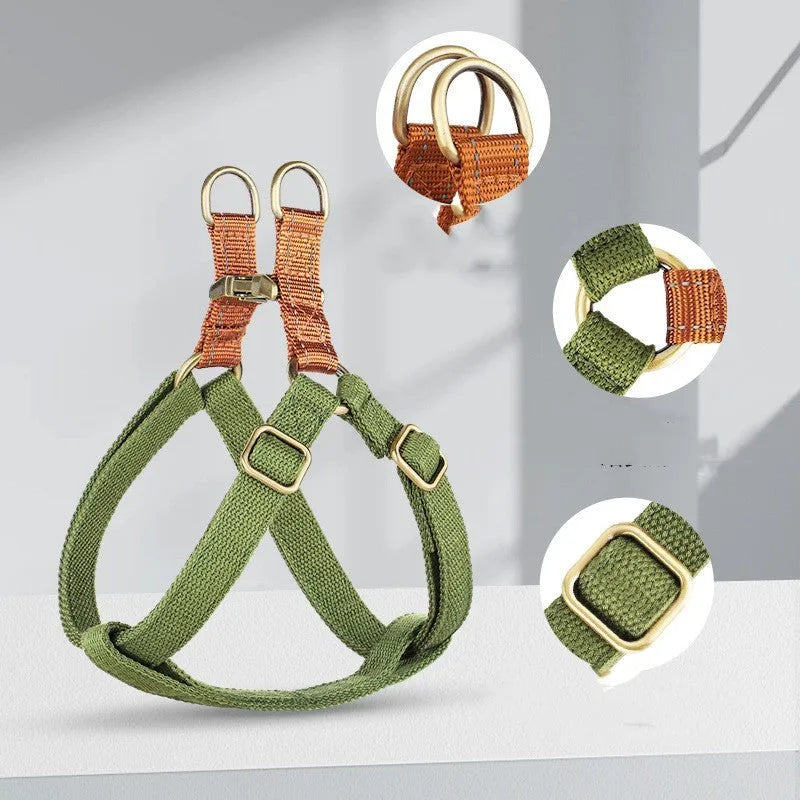 Vest style dog leash in cotton and nylon with alloy fastener in three colour options