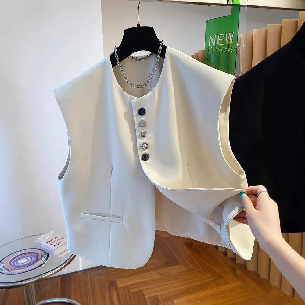 Beige loose-fitting women's waistcoat vest with a pocket, shown as a bandage dress style top.