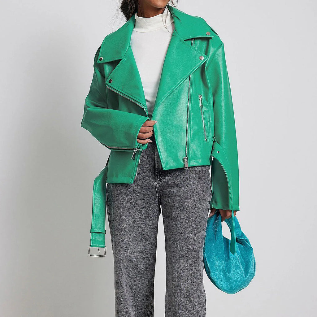 Black leather punk jacket with lapel collar and drawstring waist on a model