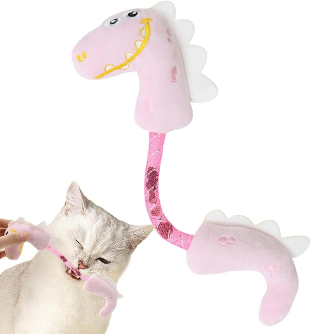 Set of four plush cat toys including a fish, mouse, bunny, and chew toy in assorted colours.