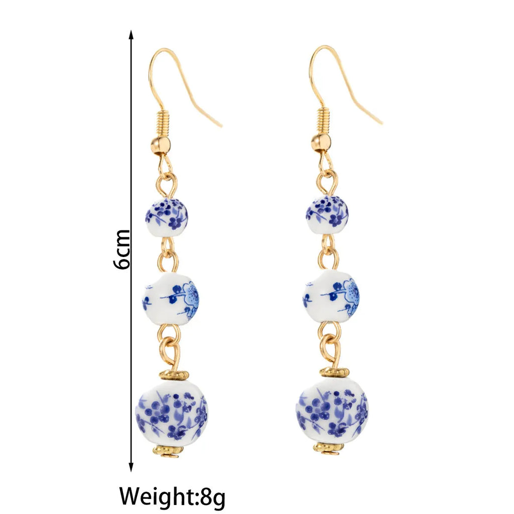 Blue and white porcelain ceramic beads long retro drop earrings for women with alloy hook