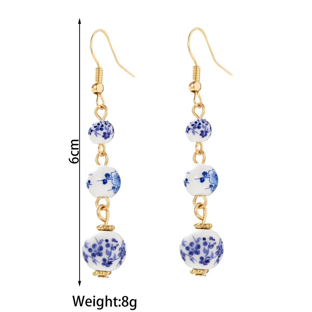 Blue and white porcelain ceramic beads long retro drop earrings for women with alloy hook