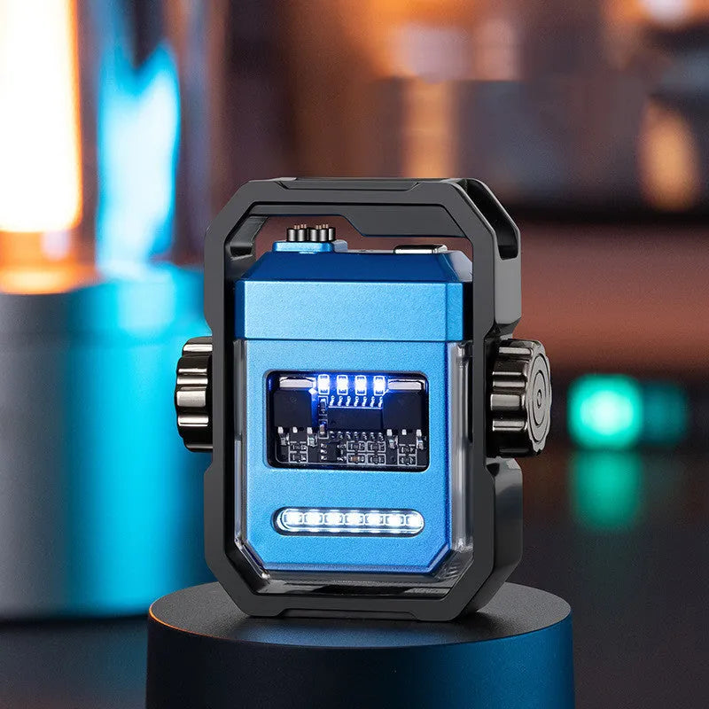 Blue Pulse electric arc lighter showing the double plasma arc and the mechanical gyroscope design.