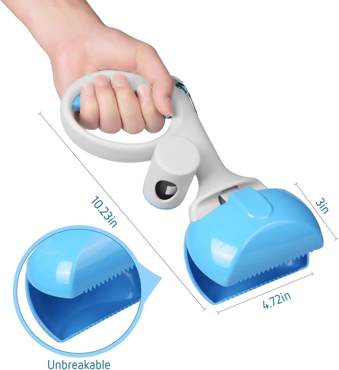 A heavy-duty ABS plastic pet pooper scooper with a built-in trash bag holder and top carry hook.