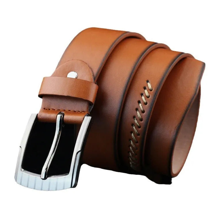 Men's retro-style patterned imitation leather belt with pin buckle in black, white, and brown colour options