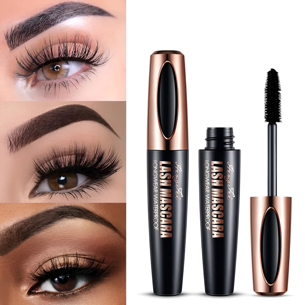 Black waterproof and sweat-proof mascara tube showing thick curling formula application