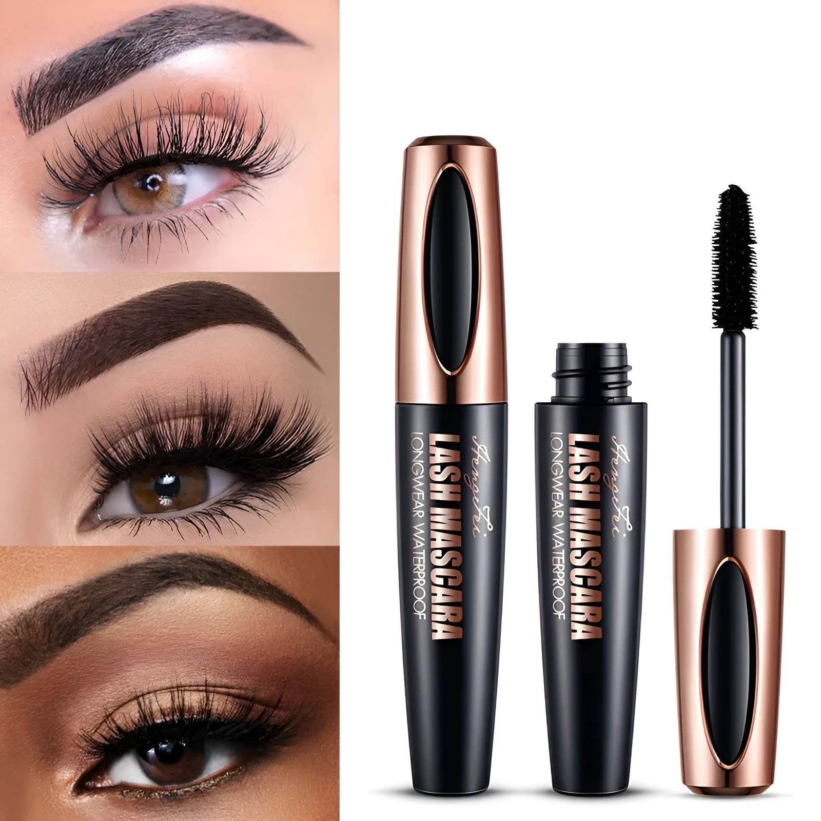 Black waterproof and sweat-proof mascara tube showing thick curling formula application
