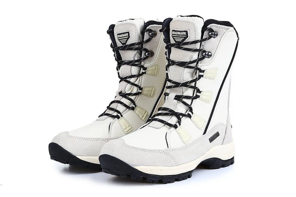 Women's genuine leather mid-calf thermal snow boots with round toe and rubber sole