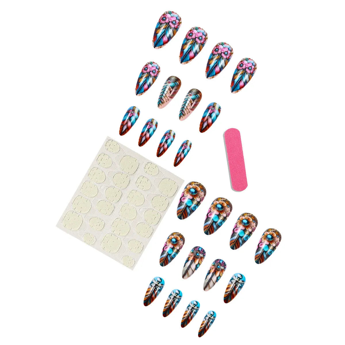 Retro colourful feather wear armour nail art set with jelly glue burnishing stick, plastic decorative pieces, for ladies.