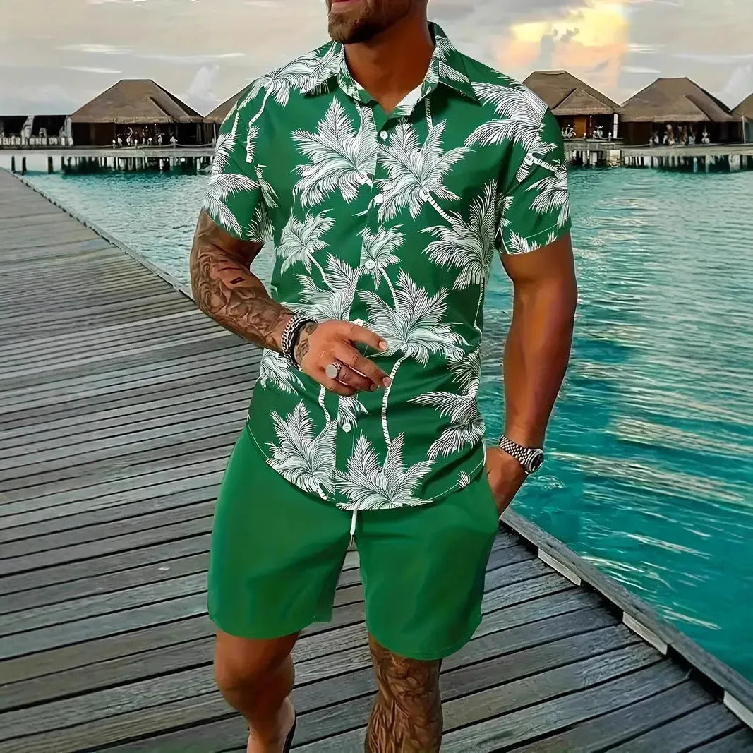 Men's Hawaiian print short sleeve suit set with matching trousers in polyester