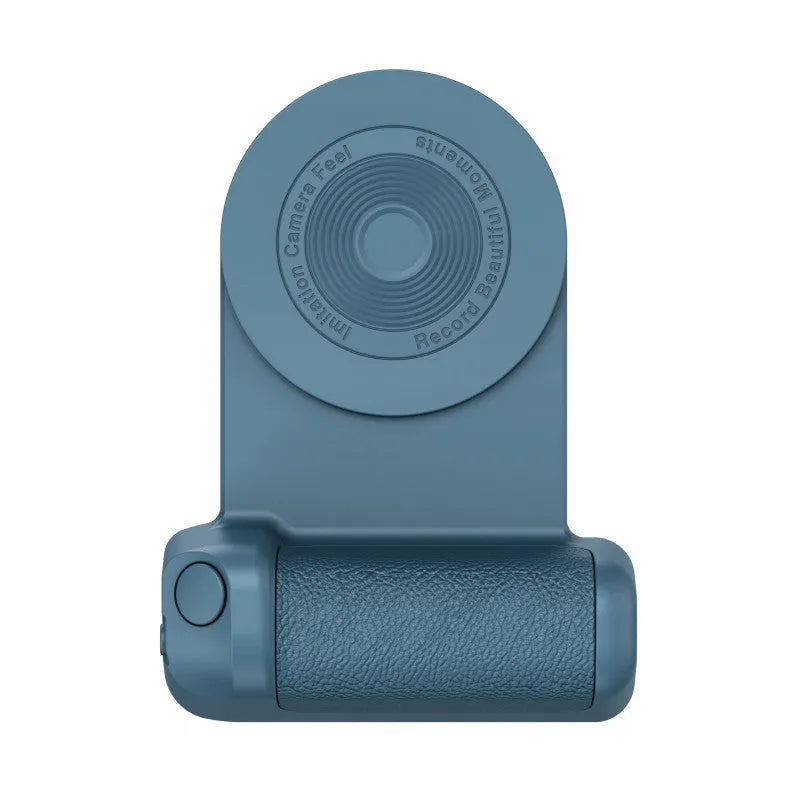 Black 3-in-1 magnetic phone camera holder with ergonomic handle on a wooden table.