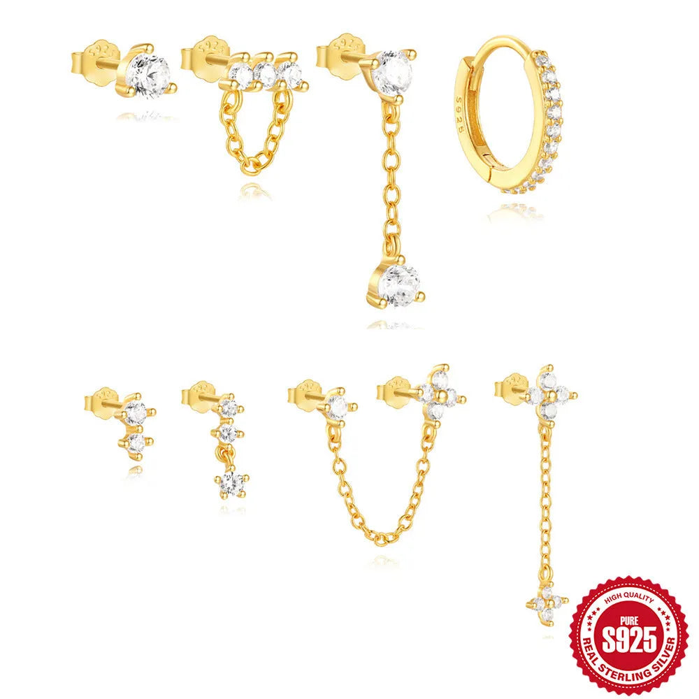 S925 sterling silver geometric clover petal earrings for women with electroplated gold finish, cold style design.