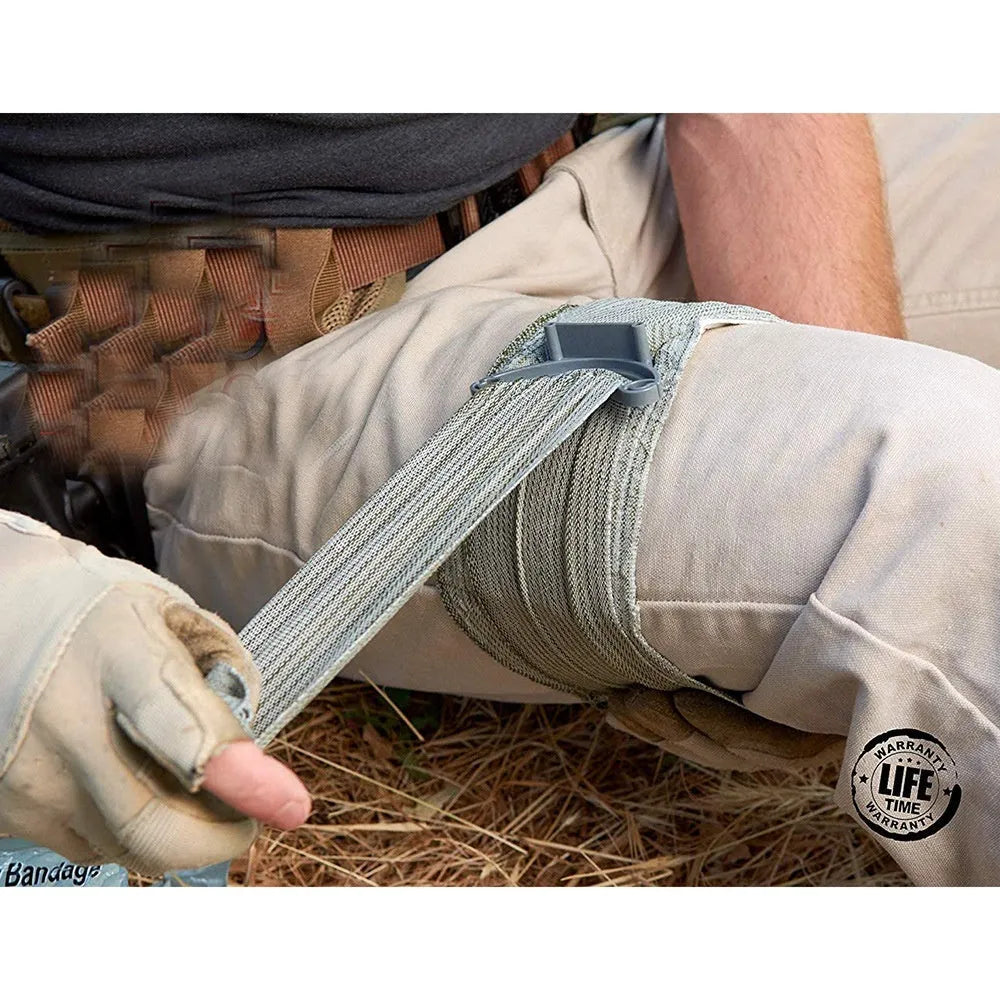 Portable hemostatic bandage roll in 4 inch and 6 inch sizes for first aid kits.