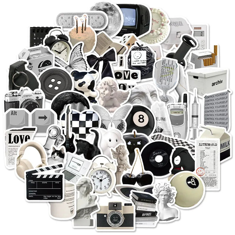 61 black and white PVC waterproof stickers for laptops, phones and multiple surfaces