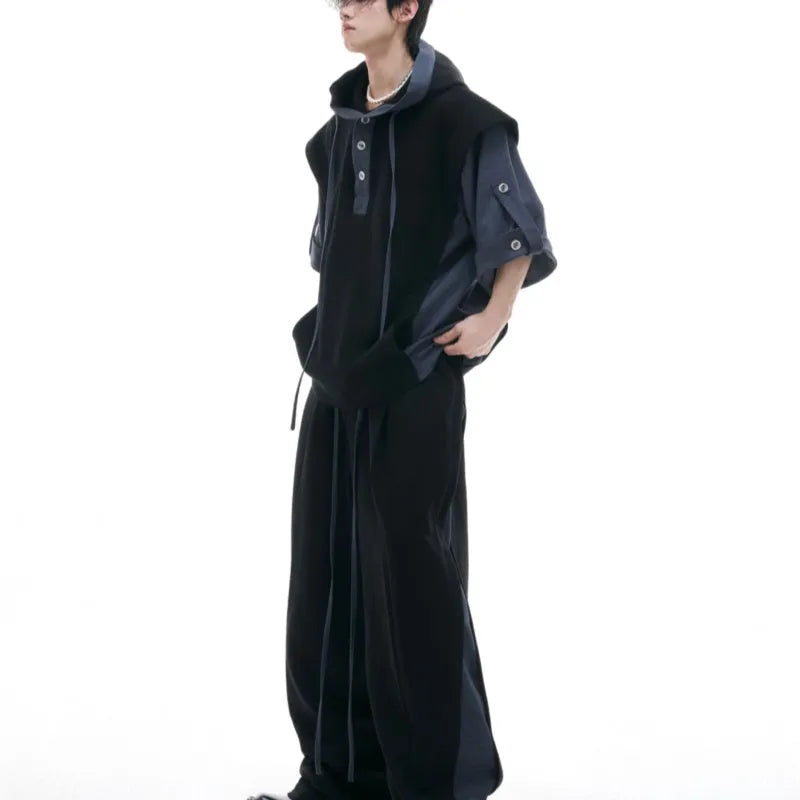 Men's black hooded short sleeve sports jacket and trousers set with three-dimensional stitching details