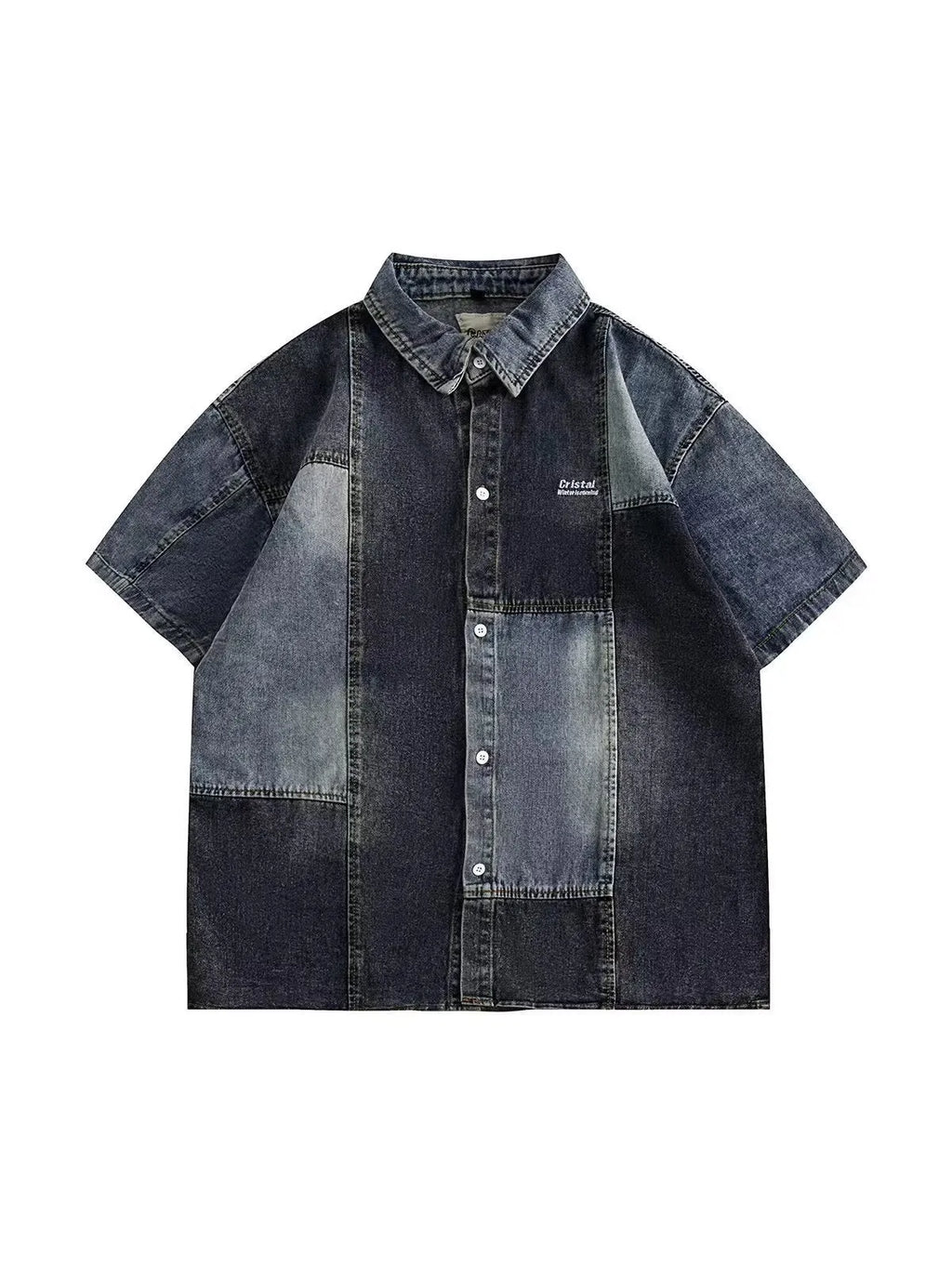 Blue Japanese-style loose fit denim shirt for men with washed stitching details.