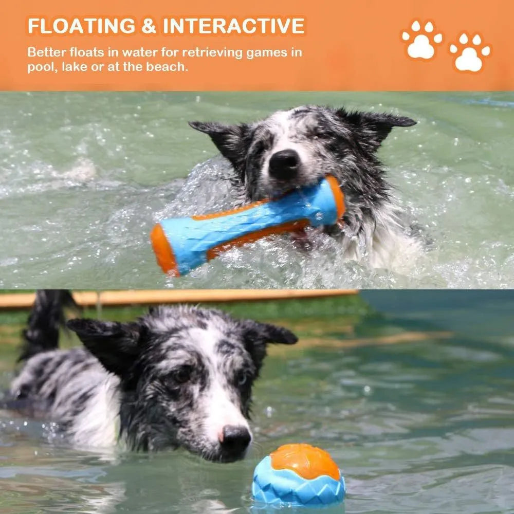 TPR floating squeaky dog toy with bump and spike textures in ball, barbell, or tyres shapes