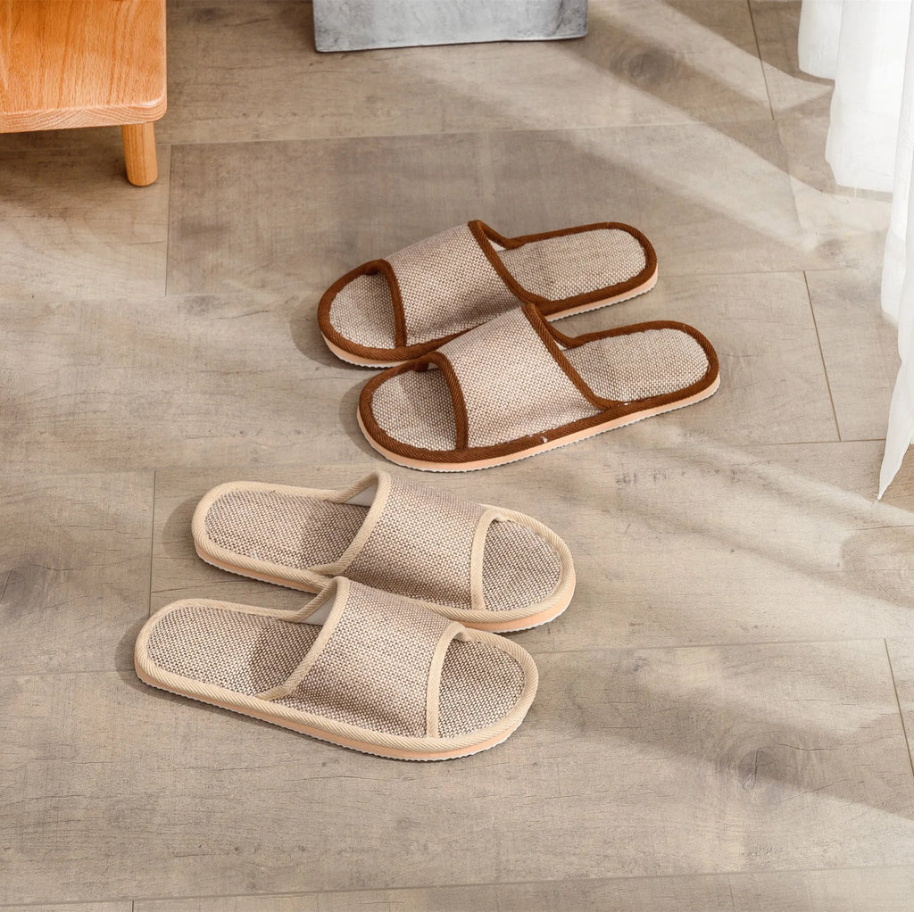 Women's cotton and linen open toe slippers in dark coffee, thickening sole, breathable indoor house shoes