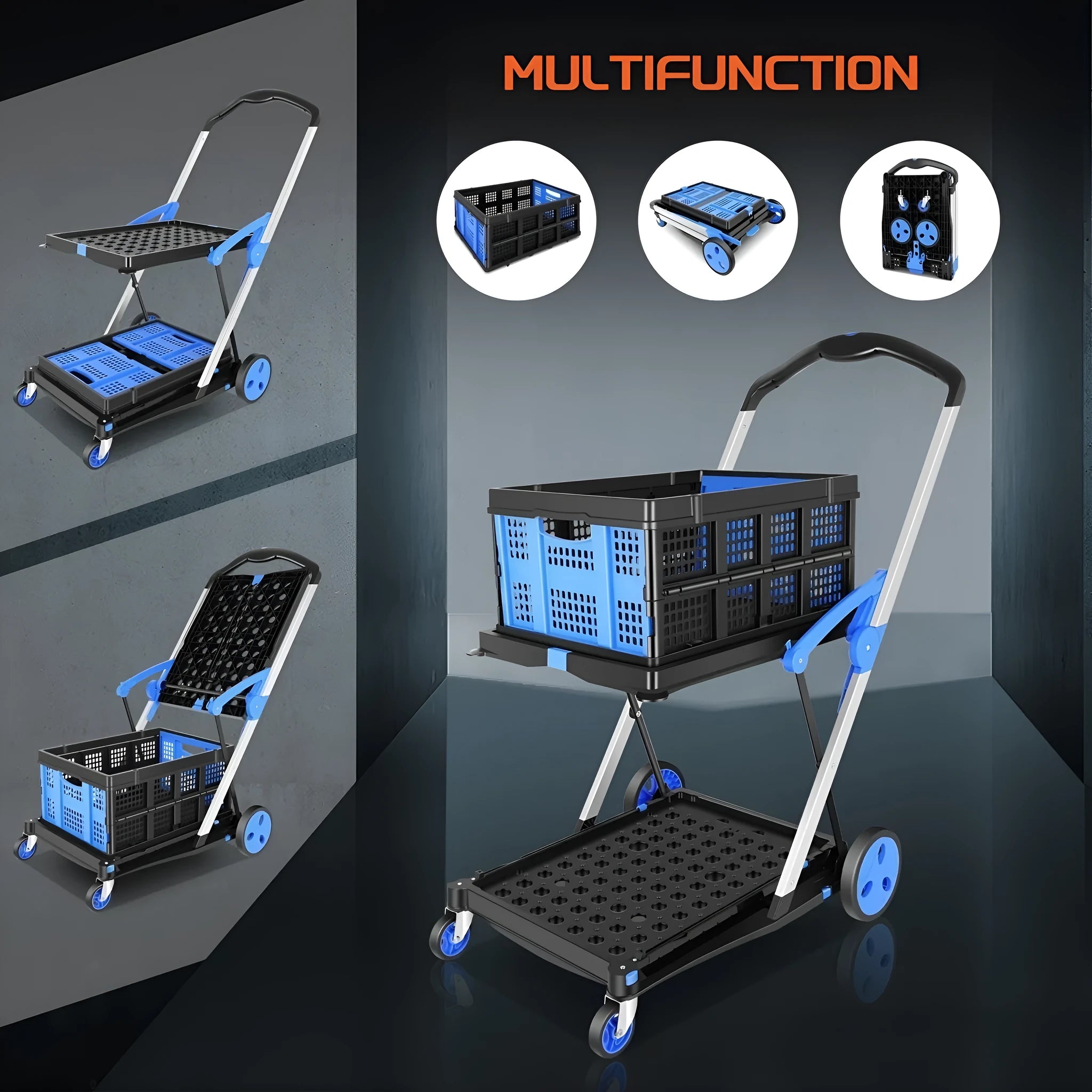 Foldable blue shopping trolley with double-layer plastic baskets, shown both assembled and collapsed.